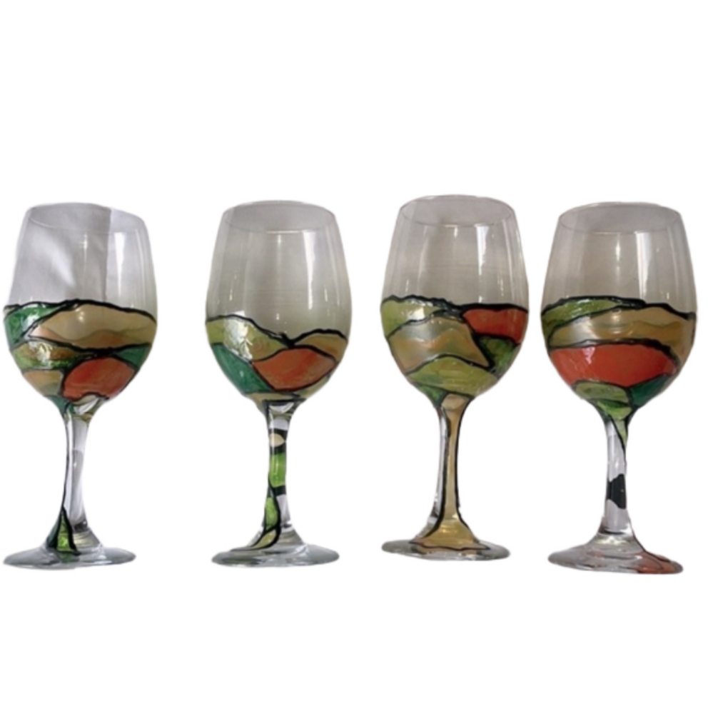 Set of four hand painted stain glass style wine goblets
